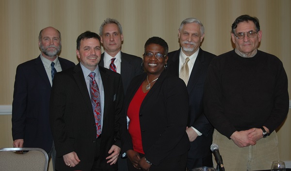 Participants in February 26 forum, from left: Jim Warren, Jon Sanders, Shawn LeMond, Satana Deberry, David Schnare and Mark Cooper